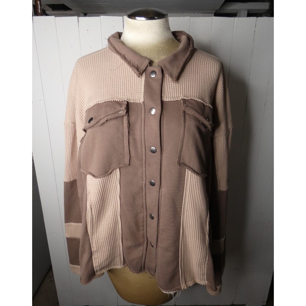 POL Women's L Brown Washed Snap Button Up Shacket Oversized Distressed Jacket